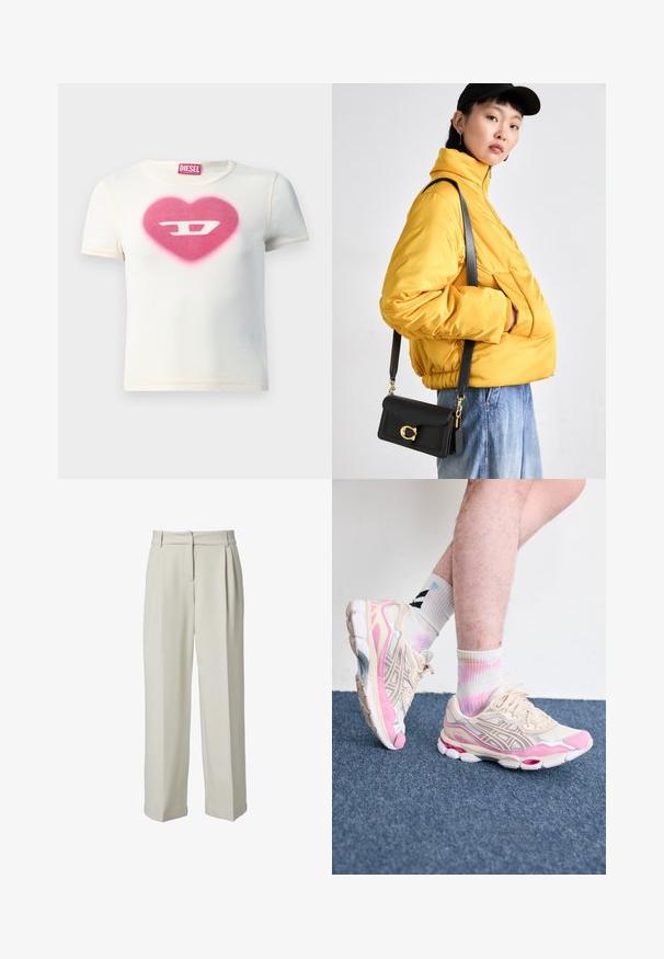 Weißes Kurzarm-T-Shirt mit einem rosa Herzdesign, in dessen Mitte der Buchstabe „D“ platziert ist. Hergestellt aus gerippter Baumwolle mit kontrastierenden Nähten.; Beige Wide-Leg-Hosen mit einer glatten Textur, ausgestattet mit einem gefalteten Vorderteil, Gürtelschlaufen und zwei Seitentaschen. Hergestellt aus leichtem Stoff.; Beige und rosa Sport sneakers mit silbernen Akzenten, Mesh-Überzügen und einer klobigen Sohle. Getragen mit bunten, Batik-Socken.; Gelbe gepolsterte Jacke mit hohem Kragen und Fronttasche, kombiniert mit einer schwarzen Umhängetasche mit goldenen Beschlägen. Lässige Denim-Hosen.