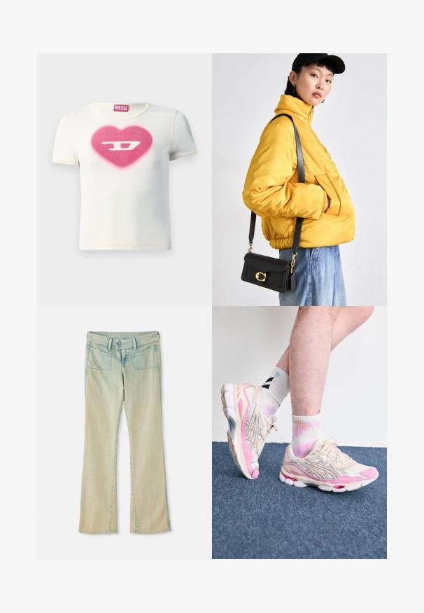Witte t-shirt met korte mouwen, voorzien van een roze hartontwerp met de letter "D" in het midden, gemaakt van ribbelstof met contrasterende naden.; Lichtblauwe jeans met een flared fit en een vervaagde afwerking, voorzien van riemlussen, twee voorkruiden en twee achterzakken met stikselaccenten.; Beige en roze sport sneakers met zilveren accenten, mesh overlays en een chunky zool. Draagt met kleurrijke, tie-dye sokken.; Geel gewatteerde jas met hoge kraag en voorzak, gecombineerd met een zwarte schoudertas met gouden hardware. Casual denim broek.