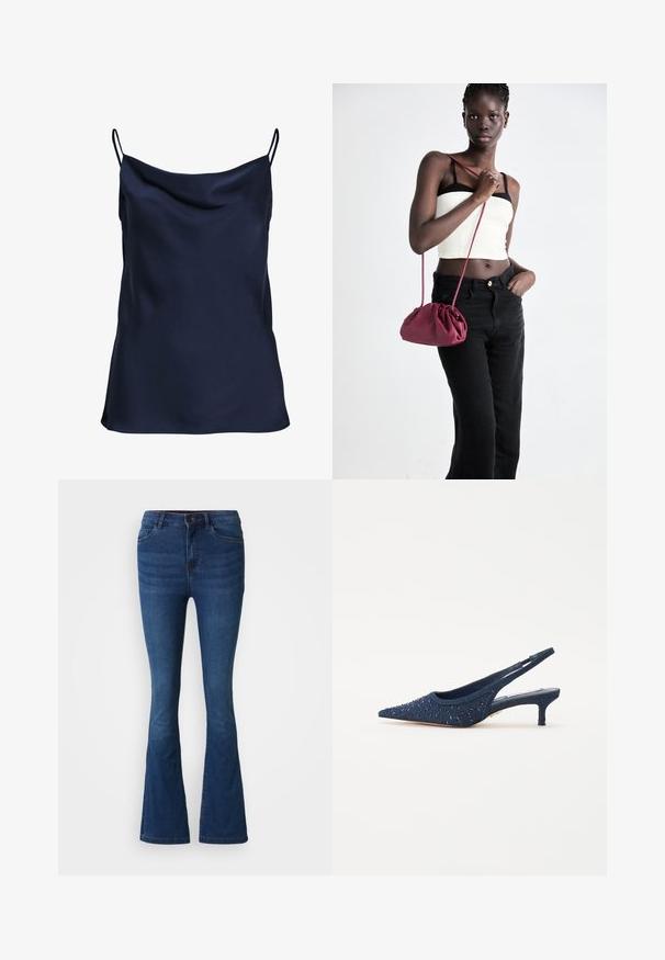 Mörkblå satinlinne med draperad halsringning, tunna justerbara axelband och en mjuk, slät textur. Enkelt design utan mönster.; Mörkblå denimbrallor med vidd, fram- och bakfickor, knapp- och dragkedjestängning, samt blekta detaljer på låren och knäna.; Mörkblå slitsko med spetsig tå, prydd med blåa pärlor och en texturerad ovandel; har en låg, klack i blockformat.; Burgundy mjukt tyg handväska med en samlad design och en lång rem, bärs över kroppen. Modellen bär en vit crop top och svarta jeans.
