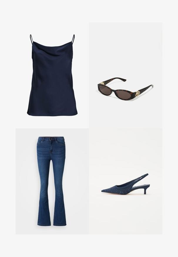 Sötétkék selyemtop drapírozott nyakkivágással, vékony, állítható pántokkal és sima, puha textúrával. Egyszerű dizájn, minta nélkül.; Sötétkék farmerkabátos bővülő farmernadrág, elülső és hátsó zsebekkel, gombos és cipzáras záródással, valamint megfakult részletekkel a combokon és a térdnél.; Tengerészkék slip-on cipő hegyes orral, kék gyöngyökkel díszítve és strukturált anyagú felsőrésszel; alacsony, blokk sarkú.; Tortából készült napszemüveg, hosszúkás ovális lencsékkel, barna színű árnyalattal, arany logóval a fülkagylón, és karcsú fekete szárakkal.