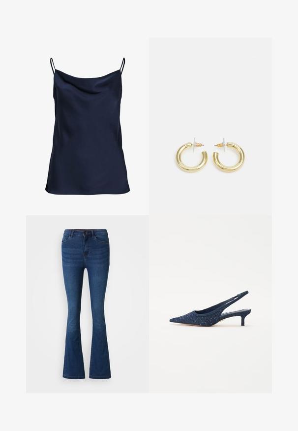 Jūras zilas satīna korsetē ar drapētu dekoltē, plānām regulējamām siksnām un maigu, gludu faktūru. Vienkāršs dizains bez rakstiem.; Tumši zili denima zvanu bikses ar priekšējām un aizmugurējām kabatām, pogu un rāvējslēdzēja aizdari, kā arī nolietota apdare uz augšstilbiem un ceļiem.; Jūras zils slingback apavi ar izteikta pirksta formu, rotāti ar ziliem pērlēm un teksturētu auduma augšdaļu; ar zemu blokveida papēdi.; Zelta auskari ar gludu, spīdīgu apdari. Apaļš dizains, kas ietver mazu tapu un caurspīdīgu pamatni drošai valkāšanai.