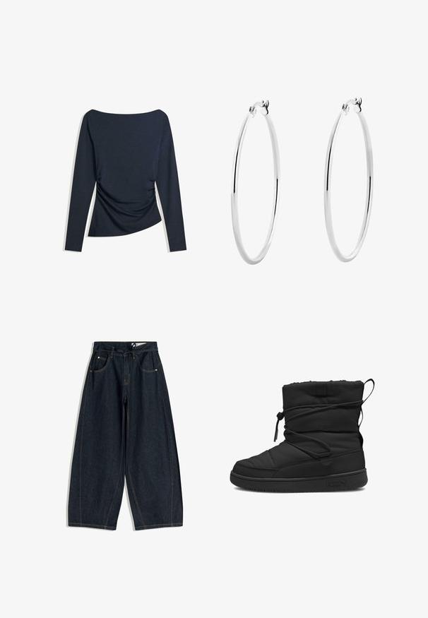 Marineblauw top met lange mouwen, bootnek en ruches aan de zijkant, plat gelegd op een witte achtergrond.; Donkerdenim wijde broek met een trekkoord in de taille, vijf zakken en contrasterende stiksels. Gladde textuur en een losvallend ontwerp.; Zwarte geïsoleerde laars met een gewatteerde textuur, elastische trekkoordsluiting, gewatteerde bovenrand en een rubberen zool met een minimalistisch logo.; Zilveren oorringen met een gladde, gepolijste oppervlakte en een dunne, ronde vorm. Het ontwerp heeft een veilige sluiting.