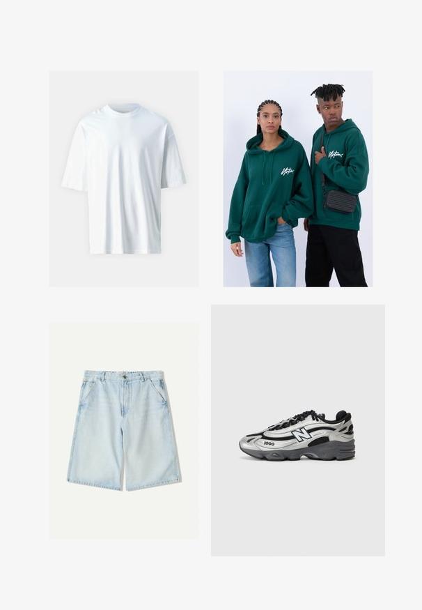 Bela kratka majica s kratkimi rokavi iz mehkega bombaža. Ima okroglo izreza, sproščen kroj in gladko teksturo. Brez vidnih vzorcev ali dodatkov.; Svetlo modri denim šortsi s ravnim krojem, vključujejo zanke za pas, pet žepov in subtilno zbledelost. Klasična tekstura bombažnega materiala.; Srebrni in črni športni čevlji z mrežastim zgornjim delom, oblazinjeno podplatom, vezanjem in podrobnostmi blagovne znamke na strani.; Zeleni kapuci s hudimi žepi, ohlapen kroj. Ena manekenka nosi črne kavbojke, druga nosi črno torbico čez telo.; Zlato-tonirana ročna ura s črnim številčnikom, tremi podmerniki in gumijastim trakom, nosi se s srajco z belim čipkastim vzorcem.