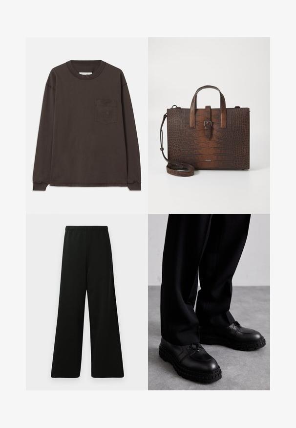 T-shirt en coton marron foncé à manches longues. Il présente un col rond et une poche sur la poitrine gauche avec des détails embossés subtils. Design simple.; Pantalons larges noirs en tissu doux. Dotés d'une taille élastique, d'une texture lisse et d'un design simple et moderne sans motifs.; Chaussures noires en cuir avec un bout rond, un dessus texturé, un laçage et une semelle épaisse en caoutchouc avec un motif de semelle. Portées avec un pantalon noir.; Sac à main en cuir embossé crocodile marron avec des poignées supérieures et une bandoulière amovible. Présente une fermeture à boucle et une forme rectangulaire.