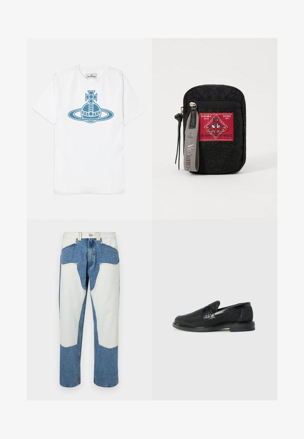 Hvid bomuld t-shirt med et blåt grafisk design af en stiliseret bombe omgivet af en ring, med detaljerede elementer som prikker og et kors.; Denim jeans i lys blå farve med hvide kontrastlapper og beige syninger. Lige ben-design med høj talje.; Sort vævet slip-on sko med en glat læderdetalje på overdelen, en rund tådesign og en lavprofil gummisål.; Sort pung med tekstureret stof, der har en rød lap med logo, lynlåslukning og et gråt bånd med præget mærkenavn.