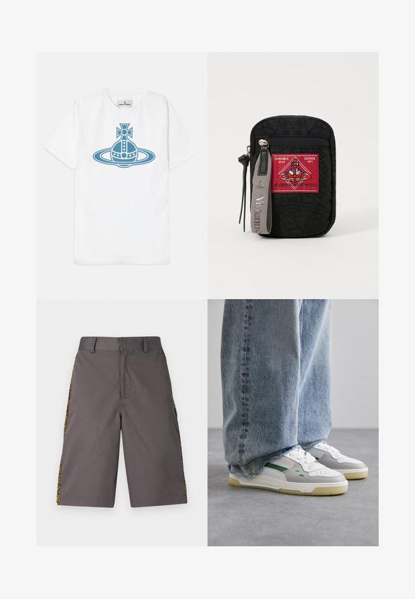 Vit bomulls t-shirt med en blå grafisk design av en stiliserad bomb omgiven av en ring, med detaljerade element som prickar och ett kors.; Grå shorts i ett mjukt tyg, med sidopaneler i leopardmönster, rak front och standard midja.; Vita och grå sneakers med gröna accenter, med en nätöverdela och gummisula, ihopparade med blå denimjeans med fransade kanter.; Svart påse med textilstruktur, prydd med en röd lapp med logotyp, dragkedjestängning och ett grått band med präglat varumärke.