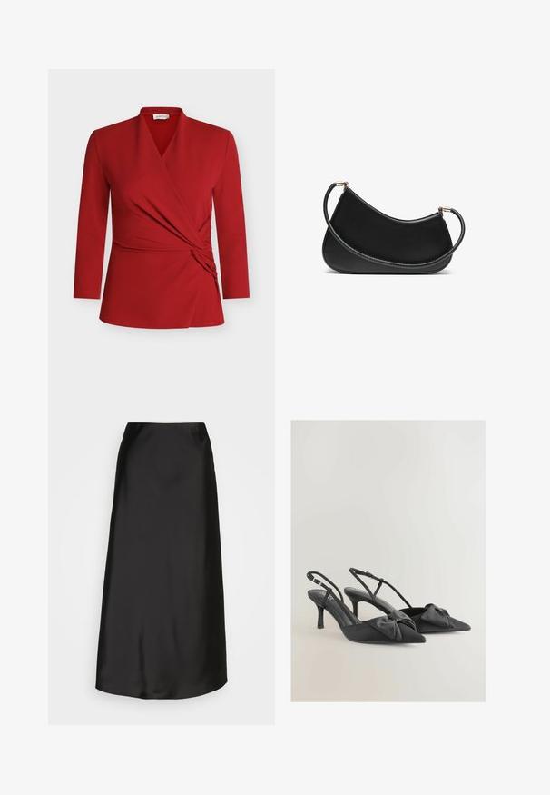 Raudonas ilgomis rankovėmis įvyniojamas viršus su V formos iškirpte, surinkta šonine detale ir lygiu paviršiumi. Pagamintas iš lengvos, tamprios medžiagos.; Juodas satino midi sijonas su lygiu tekstūru, A formos siluetu ir subtiliu nedideliu blizgesiu. Išsiskiria elegantišku, nesudėtingu dizainu be papuošimų.; Juodi satino slingback aukštakulniai bateliai su smailiais nosimis, mažomis kaspinėliais ant priekinės dalies ir lieknomis pakulnėmis. Yra reguliuojamos kulkšnies juostos.; Juodas odinis pečių krepšys su išlenktu dizainu, turintis tekstūruotą dirželį ir auksinės spalvos detalėmis viršutinėje užtrauktuko dalyje. Lygi apdaila.