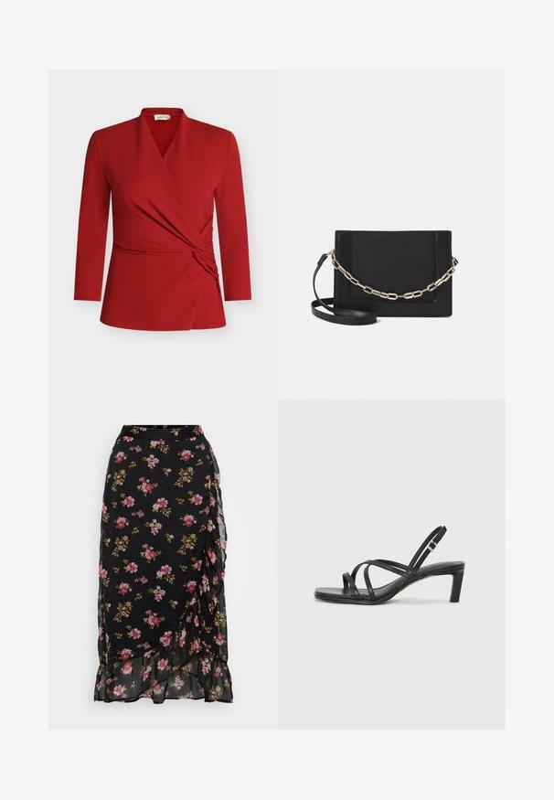 Maglietta rossa a maniche lunghe con scollo a V, dettaglio arricciato sul lato e texture liscia. Realizzata in materiale leggero ed elastico.; Gonna nera floreale con motivi rosa e verdi, design svasato e orlo arricciato. Realizzata in tessuto leggero e semitrasparente.; Sandalo nero con cinturini, dalla punta squadrata e tacco basso a blocco. Presenta diversi cinturini sottili e una cinturini regolabile alla caviglia. Realizzato in pelle liscia.; Borsa a tracolla nera in pelle con una texture liscia, forma rettangolare e dettaglio in catena metallica sul davanti. Inclusa una tracolla regolabile.; Anello doppio in argento con superficie liscia e lucida. Presenta un design fluido e curvo con sezioni sovrapposte per un aspetto moderno.