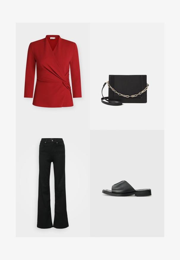 Top rojo de manga larga con cruzado, que presenta un escote en V, detalle fruncido en el lateral y textura suave. Hecho de material ligero y elástico.; Pantalones vaqueros negros acampanados de mezclilla, con cintura alta, cinco bolsillos y cierre de botón metálico. Textura suave con un detalle mínimo.; Sandalia deslizante de cuero negro con textura suave, punta abierta, diseño de tira ancha y suela plana de goma.; Bolso cruzado de piel negra con textura suave, forma rectangular y un detalle de cadena metálica en el frente. Incluye una correa ajustable.