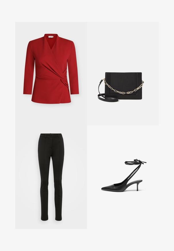 Raudonas ilgomis rankovėmis įvyniojamas viršus su V formos iškirpte, surinkta šonine detale ir lygiu paviršiumi. Pagamintas iš lengvos, tamprios medžiagos.; Juodos prigludusios kelnės, pagamintos iš lygios medžiagos. Turi užsegimą mygtuku, diržo kilpeles ir tvarkingas priekinės dalies siūles. Kojų forma siaurėjanti.; Juodas odinis stiletto batelis su smailiu nosiu, atvira nugara ir užrištomis kulkšnies juostelėmis. Plonas 3 colių kulnas. Lygi tekstūra, minimalistinis dizainas.; Juodas odinis per petį nešiojamas krepšys turi lygų paviršių, stačiakampio formą ir metalinę grandinėlę priekyje. Pridedama reguliuojama dirželis.