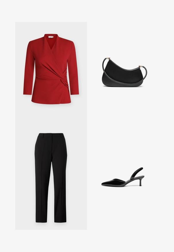 Červený zavinovací top s dlouhými rukávy, véčkovým výstřihem, řaseným detailem na boku a hladkou texturou. Vyrobený z lehkého, elastického materiálu.; Černé kalhoty rovného střihu z hladkého materiálu. Mají plochý přední díl, poutka na opasek a boční kapsy. Určeny pro formální nebo pracovní nošení.; Černé lakované kožené lodičky na klínu s špičatou špičkou, nízkým stiletto podpatkem a elegantním, jednoduchým designem bez ozdob.; Černá kožená kabelka přes rameno s zakřiveným designem, se strukturovaným popruhem a zlatým kováním na horním uzávěru. Hladký povrch.; Náušnice ve zlatém tónu s kombinací geometrických tvarů: čtverec, kruh a propojené oválné designy s lesklým povrchem.