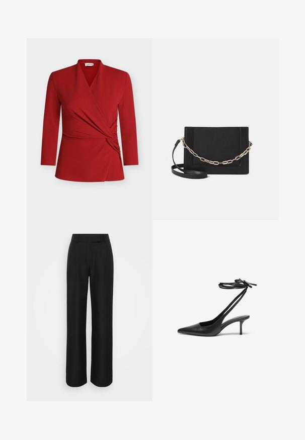 Sarkans garām piedurknēm wrap tops ar V veida izgriezumu, savāktu sānu detaļu un gludu tekstūru. Izgatavots no viegla, elastīga materiāla.; Melni platā kāju bikses, kas izgatavotas no gludas auduma, ar augstu jostasvietu un vieglām frontālām krokām; nav redzamu rakstu vai furnitūras.; Melnas ādas stiletto kurpes ar norādītu purngalu, atvērtu aizmuguri un potītes siksniņām, kas sasietas neglītajā mezglā. Šaurs 3 collu papēdis. Gluda tekstūra, minimālisma dizains.; Melna ādas crossbody soma ar gludu faktūru, taisnstūrveida formu un metalizētu ķēdes detaļu priekšā. Iekļauta regulējama siksna.