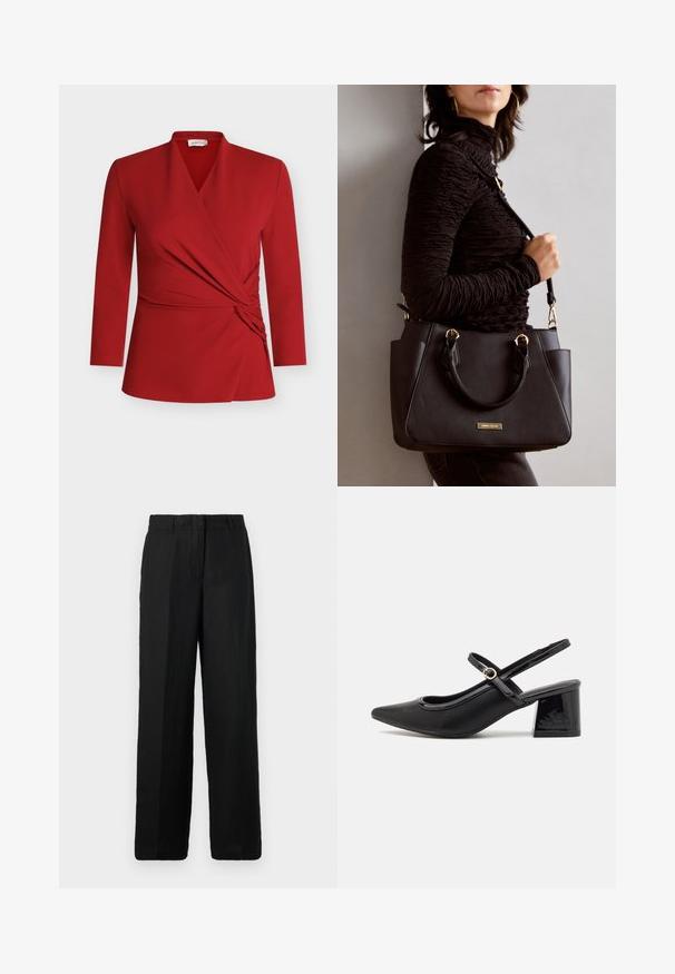 Rød, langermet omslagstopp med v-hals, rynkedetalj på siden og glatt tekstur. Laget av lett, elastisk materiale.; Sorte vide bukser laget av et lett stoff. Har flat front med beltehanker og sidelommer, noe som gir en avslappet passform.; Sorte lakk lær slingback hæler med spiss tå, et avrundet utskjæringsdesign og blokkheel. Har en gulltone spenne som detalj.; Svart håndveske med teksturert overflate, doble topphåndtak og justerbar skulderrem. Har detaljer i gulltone og sidelommer.