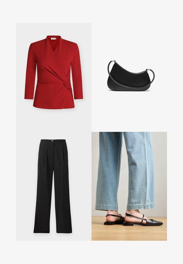 Crveni dugi top na preklop s v-izrezom, detaljem skupljanja sa strane i glatkom teksturom. Izrađen od laganog, rastezljivog materijala.; Crne, hlače visokog struka od glatkog materijala, s prednjim nabora, jednim dugmetom za zatvaranje i širokim nogavicama. Nema vidljivih džepova.; Crne kožne slingback cipele s oštrim prstom, ravnim potplatom i remenom oko gležnja; nosi se s svijetloplavim širokim trapericama.; Crna kožna torba za rame s zaobljenim dizajnom, koja sadrži teksturiran remen i zlatne detalje na zatvaranju. Glatka površina.; Zlatne nausnice s mješavinom geometričkih oblika: kvadrat, krug i povezani ovalni dizajni s poliranim završetkom.