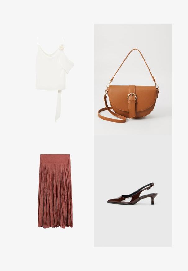 Vit blus med en axel design, som har en blomsterdetalj på ena sidan och en lång, knuten panel vid midjan. Slät textur.; Rostfärgad, lång, plisserad kjol av lättviktig tyg. Har en slät midja och vertikal textur genom hela plagget.; Brun lackläder slingback-sko med spetsig tå och en måttlig klack. Utrustad med en spännband för säker passform. Slät textur.; Brun läder crossbody-väska med en böjd form, gyllene detaljer och en spänneaccent. Har en avtagbar axelrem.