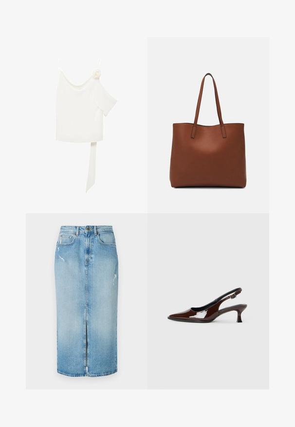 Bluză albă cu un design pe un umăr, având un accent floral pe o parte și un panou lung, legat în talie. Textură netedă.; Fustă midi din denim bleu deschis, cu o deschidere frontală, textură estompată și detalii uzate. Dispune de bucle pentru curea și închidere frontală cu fermoar.; Pantofii slingback din piele patent maro, cu vârful ascuțit și un toc moderat. Prezintă o curea cu prindere pentru o potrivire sigură. Textură netedă.; Geantă de umăr din piele maro cu o textură netedă, design cu vârf deschis și două curele pentru umăr. Prezintă cusături minime și fără componente metalice vizibile.