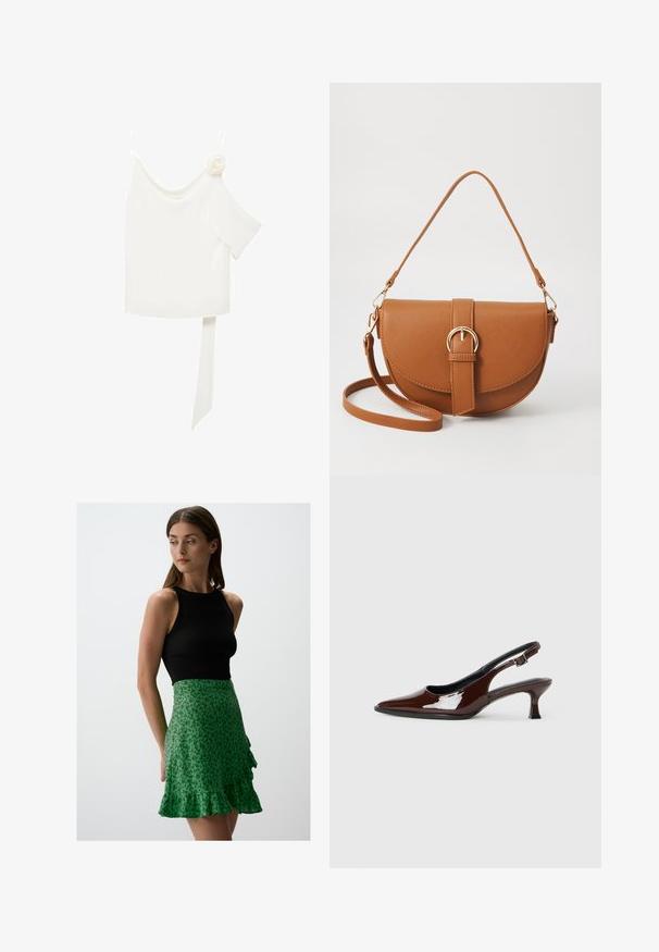 Witte blouse met een een-schouderontwerp, met een bloemaccent aan de ene kant en een lange, gestrikte strook om de taille. Soepele textuur.; Jimmy Key FLORAL PATTERNED REGULAR - A-lijn rok - green; Bruine gepatineerde leren slingback-schoen met een spitse neus en een gematigd hakje. Voorzien van een gespsluiting voor een veilige pasvorm. Glad van textuur.; Bruine leren schoudertas met een gebogen vorm, gouden hardware en een gespaccent. Bevat een afneembare schouderriem.