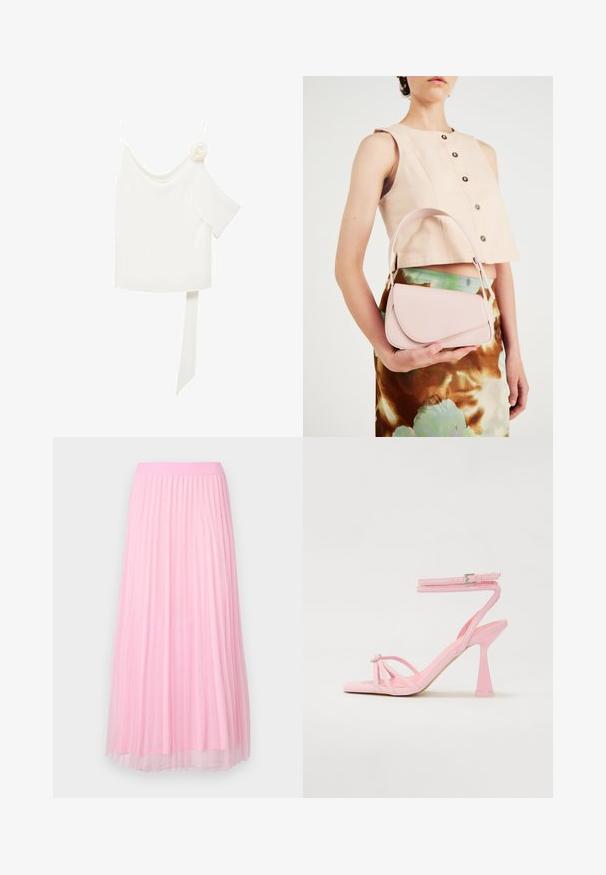 Bijela bluzica s dizajnom jednog ramena, koja s jedne strane ima cvjetni detalj i dugu, vezanu traku u struku. Glatka tekstura.; Ružičasta plisirana suknja s mekom, prozirnom teksturom i elastičnom gumicom, ukrašena malim, raštrkanim metalnim detaljima.; Ružičaste sandale s visokom petom, s remenčićima i kopčanjem oko gležnja. Imaju ukrasni element na prstu i moderan, sužen dizajn pete.; Ružičasta kožna torba s zakrivljenim poklopcem, jednim remenom za rame i čistim linijama. Torba ima glatku teksturu i minimalistički dizajn.