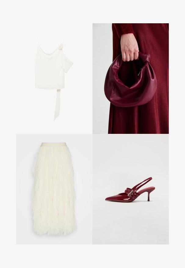 White blouse with a one-shoulder design, featuring a floral accent on one side and a long, tied panel at the waist. Smooth texture.; Cream tulle skirt with layered ruffles. Features a smooth waistband and a textured, sheer finish. Falls to mid-calf length.; Red patent leather slingback heels with a pointed toe, two buckle straps, and a slim, mid-height stiletto heel. Smooth texture.; Burgundy leather handbag with a soft, gathered design and a rounded shape. The handle is secured, showcasing a smooth texture.