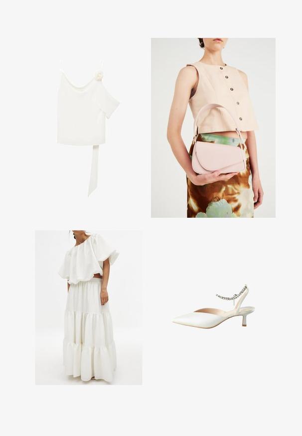 Valkea paita, jossa on yksi olka, ja toisella puolella kukkakoriste sekä pitkä sidottu paneeli vyötäröllä. Tasainen tekstuuri.; Valkoinen kahden osan asu, jossa on teksturoitu olkapäiltä avattu yläosa suureilla hihoilla ja kerroksellinen hame joustavalla vyötäröllä.; Valkoinen slingback-kengät, joissa on teräväkuono ja matala kitten-korko. Kengissä on ketjuakseli nilkassa. Sileä matta pinta.; Vaaleanpunainen nahkakäsilaukku, jossa on kaareva läppä, yksittäinen olkahihna ja puhtaat linjat. Laukussa on sileä pinta ja minimalistinen muotoilu.