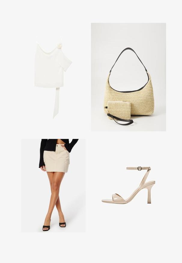 Biała bluzka z asymetrycznym krojem na jedno ramię, z kwiatowym akcentem po jednej stronie i długim, związanym panele przy talii. Gładka faktura.; Beżowa dżinsowa mini spódnica z postrzępionym dołem, z bocznymi kieszeniami i jednolitym zapięciem na guzik, noszona z czarną bluzką z długim rękawem i szpilkami.; Nude lakierowane sandały na wysokim obcasie z cienkim paskiem wokół kostki i okrągłą klamrą, otwarty przód oraz smukły obcas typu szpilka.; Woven straw handbag o zaokrąglonym kształcie, z gładkim czarnym skórzanym paskiem oraz dopasowaną małą sakiewką przypiętą na pasku na nadgarstek.