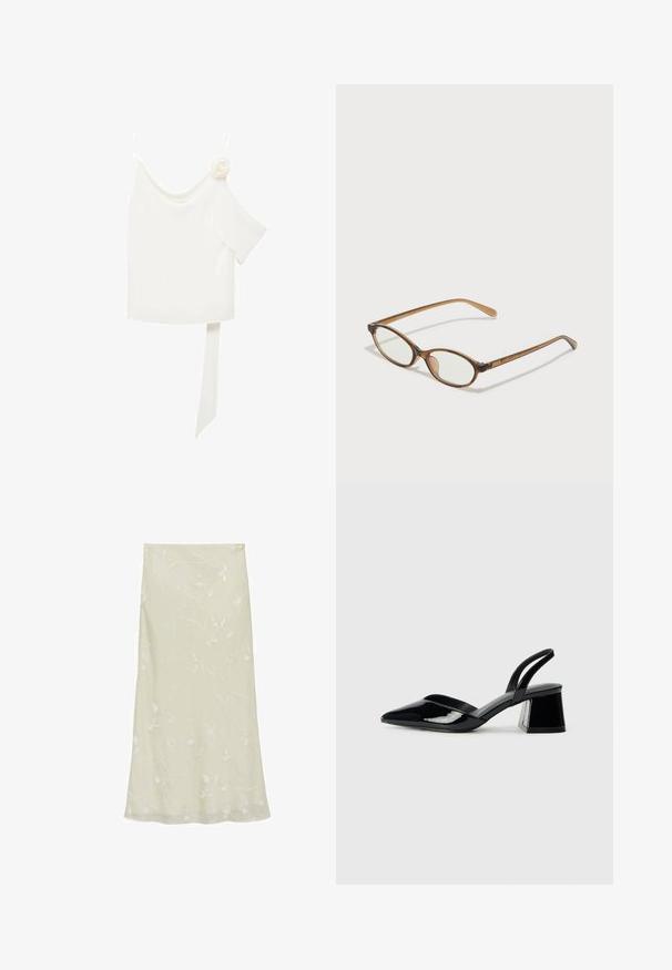Bluză albă cu un design pe un umăr, având un accent floral pe o parte și un panou lung, legat în talie. Textură netedă.; Fustă midi verde deschis, realizată dintr-un material transparent, cu broderie florală albă delicată și o siluetă fluidă în formă de A.; Pantofi cu toc slingback din piele lacuită neagră, cu vârf ascuțit și toc geometric. Prezintă un design elegant, minimalist și o textură netedă.; Ochelari în nuanță de țestoasă maro, cu lentile ovale, brațe subțiri și accente transparente. Prezintă un logo subtil pe tâmplă. Design elegant și ușor.
