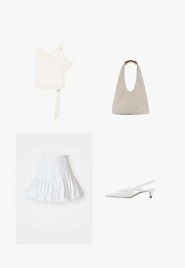 Bluză albă cu un design pe un umăr, având un accent floral pe o parte și un panou lung, legat în talie. Textură netedă.; Fustă mini plisată albă cu o textură netedă, talie elastică și un design evazat, cu cusături verticale pentru un plus de structură.; Sandale albe cu toc slingback și vârf ascuțit, având un upper neted, decupaje subtile și un toc bloc mic. Talpa neagră accentuează designul.; Geantă din piele gri deschis cu un design în formă de U și un mâner metalic curbat. Textură netedă cu cusături minime și fără modele vizibile.