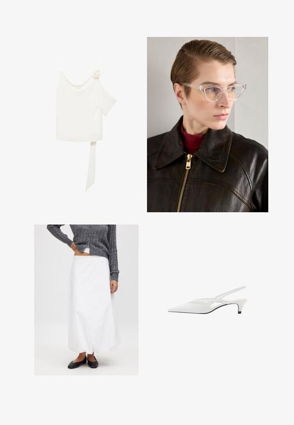 Biela blúzka s jedným ramienkom, na jednej strane s kvetinovým akcentom a dlhým, viazaným panelom v páse. Hladká textura.; Biela sukňa po členky z hladkej tkaniny, v kombinácii so šedým rebrovaným cardiganom a čiernymi plochými topánkami. Minimalistický dizajn, bez viditeľných vzorov.; Biele slingback podpätky s špicatou špičkou, s hladkým zvrškom, jemnými výrezmi a nízkym blokovým podpätkom. Čierna podrážka zvýrazňuje dizajn.; Priehľadné acetátové mačacie okuliare s žltými tónovanými sklami, ktoré nosí osoba v tmavej koženej bunde a červenom roláku. Hladký povrch.