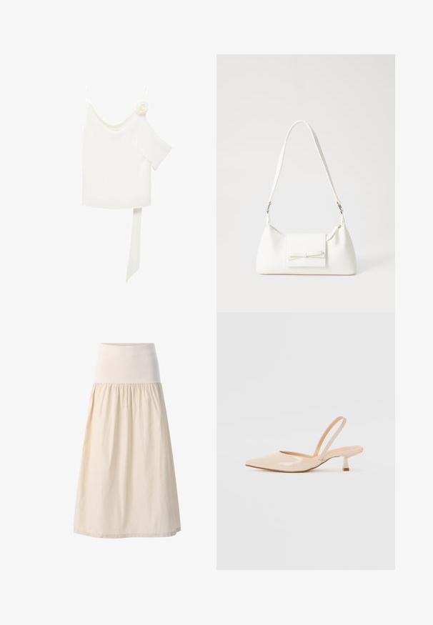 Bijela bluzica s dizajnom jednog ramena, koja s jedne strane ima cvjetni detalj i dugu, vezanu traku u struku. Glatka tekstura.; Bežska suknja srednje dužine s širokim elastičnim pojasom i naboranom, lepršavom tkaninom. Glatka tekstura s mekim, laganim izgledom.; Bež sandale od lakirane kože s uskim vrhom i tankim, kvadratnim potpeticom. Glatka tekstura i minimalistički dizajn bez ukrasnih detalja.; Bijela sintetička torbica s trokutastim oblikom, ravnim prednjim poklopcem i detaljem u obliku mašne, podesivom remenom, glatkom teksturom i minimalističkim dizajnom.