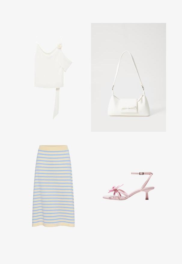 White blouse with a one-shoulder design, featuring a floral accent on one side and a long, tied panel at the waist. Smooth texture.; Striped midi skirt in soft cotton with a light yellow base and blue horizontal stripes. Features a ribbed elastic waistband.; Pink patent leather heeled sandals with a floral accent on the toe, featuring adjustable ankle strap and slender, short heel.; White synthetic handbag with a triangular shape, flat front flap and bow detail, adjustable strap, smooth texture, and minimalistic design.