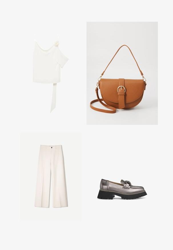 Biała bluzka z asymetrycznym krojem na jedno ramię, z kwiatowym akcentem po jednej stronie i długim, związanym panele przy talii. Gładka faktura.; Kremowe spodnie szerokie z dopasowanym krojem, z dwoma przednimi kieszeniami i pojedynczym zapięciem na guzik z przodu, wykonane z gładkiego materiału.; Metaliczne szare mokasyny z masywną czarną podeszwą platformową, z dekoracyjnym zapięciem i teksturowanym wykończeniem na krawędzi.; Brązowa skórzana torba na ramię o zaokrąglonym kształcie, ze złotymi akcentami i zapięciem w formie klamry. Posiada odpinany pasek na ramię.