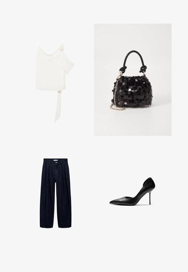 Bela bluza z enostranskim dizajnom, ki ima cvetni poudarek na eni strani in dolg, zavezan panel v pasu. Gladka tekstura.; Temne traper hlače širokega kroja z naborki na pasu, z sprednjim gumbom in zankami za pas. Gladka tekstura in dolga zasnova.; Črne usnjene stiletto petke s špičastim koncem in izrezanimi stranicami. Gladka tekstura in visoka, vitka peta ustvarjata eleganten sklop.; Črna mini torbica s palčkami iz bleščic, z vozlanim teksturiranim trakom in srebrnima verigama. Okrogla oblika z nabranim vrhom in odsevnimi detajli.
