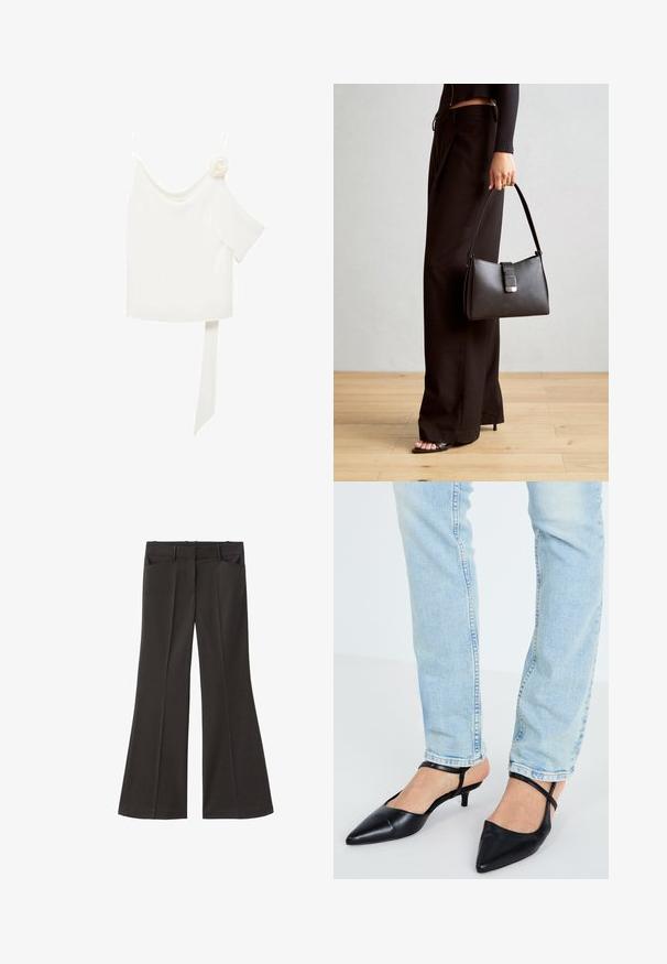 Valkea paita, jossa on yksi olka, ja toisella puolella kukkakoriste sekä pitkä sidottu paneeli vyötäröllä. Tasainen tekstuuri.; Mustat vyötäröltä korkealla loistavat housut; niissä on kaksi etutaskua ja sileä kangaspinta. Sopii eri tilaisuuksiin.; Mustat nahkaiset kärjelliset slingback-korot, joissa on matala kissakorko ja nilkkahihna, yhdistettynä vaaleansinisiin farkkuihin.; Musta käsilaukku, jossa on rakenteellinen muoto, sileä pinta ja metallinen solki. Yhdistetty leveisiin mustiin housuihin ja avonaiheisiin sandaaleihin puulattialla.