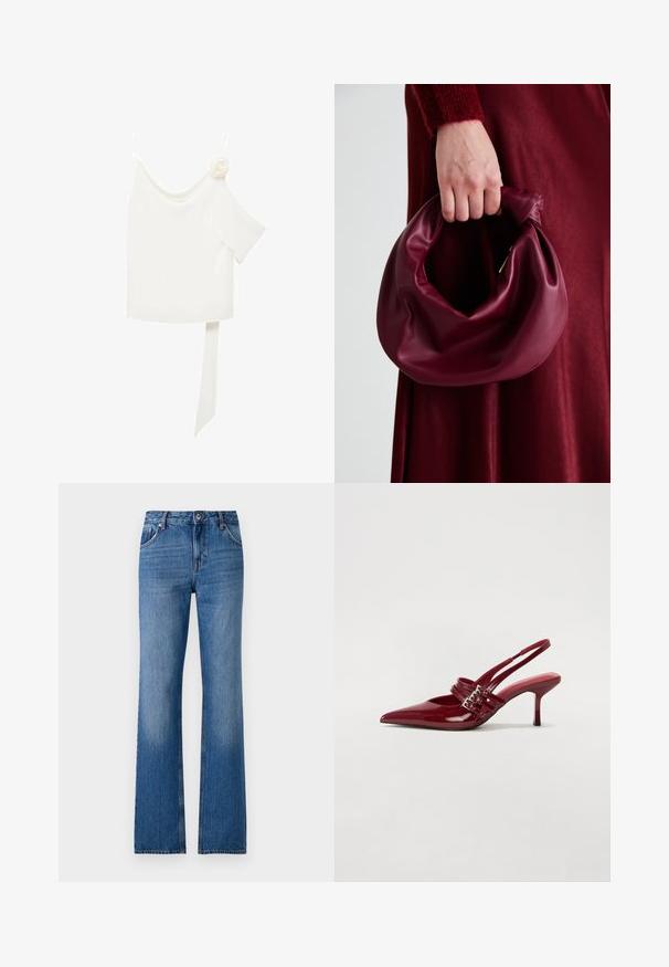 Biela blúzka s jedným ramienkom, na jednej strane s kvetinovým akcentom a dlhým, viazaným panelom v páse. Hladká textura.; Svetlo modré denimové zvonové nohavice s päťpredným dizajnom, zapínaním na gombík a mierne vyblednutou textúrou. Výrazné široké zakončenie nohavíc.; Červené lakované kožené sandále na podpätku s jemne špičatou špičkou, dvoma prackovými remienkami a štíhlym, stredne vysokým ihlovým podpätkom. Hladký povrch.; Burgundská kožená kabelka s mäkkým, zhromaždeným dizajnom a zaobleným tvarom. Rukoväť je pevne zaisťujúca a vystavuje hladkú textúru.