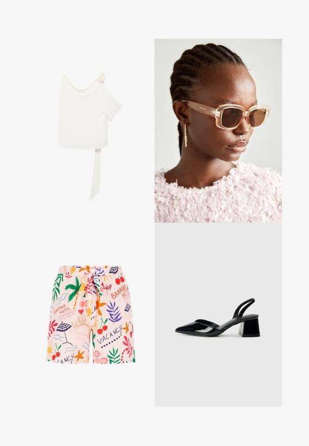 Bela bluza z enostranskim dizajnom, ki ima cvetni poudarek na eni strani in dolg, zavezan panel v pasu. Gladka tekstura.; Svetlo roza kopalne hlače z igrivim motivom, ki vključuje palme, dežnike, češnje in grafične elemente, povezane z dopustom, z vrvico za prilagajanje pasu.; Črne lakirane slingback pete s koničastim nosom in geometrijsko blokasto peto. Imajo eleganten, minimalističen dizajn in gladko teksturo.; Bežna oversized sončna očala s prozornim okvirjem in rjavimi lečami, ki imajo subtilne cvetlične poudarke in drzen, geometrijski dizajn.