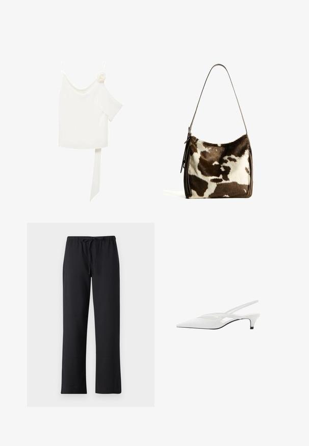 Bela bluza z enostranskim dizajnom, ki ima cvetni poudarek na eni strani in dolg, zavezan panel v pasu. Gladka tekstura.; Črne hlače iz mehke tkanine z vrvico v pasu in ravnim krojem. Brez vidnih vzorcev ali kovinskih delov.; Bela slingback peta z ošiljenim nosom, z gladkim zgornjim delom, subtilnimi izrezi in nizkim blok petkom. Črna podplat poudarja dizajn.; Rjav in krem torba iz kravjega usnja s gladkim usnjenim trakom, z zadrgo in mehko, strukturo površino, ki prikazuje naravni vzorec.