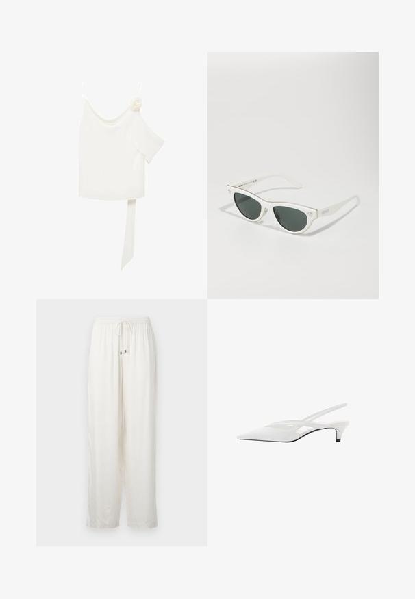 Bijela bluzica s dizajnom jednog ramena, koja s jedne strane ima cvjetni detalj i dugu, vezanu traku u struku. Glatka tekstura.; Bijele, lagane, široke hlače s elastičnim pojasom i vezicom. Imaju suptilni sjaj i ravni kroj.; Bijela slingback potpetica s oštrom punta, koja ima glatki gornji dio, suptilne izreze i nisku blok potpeticu. Crna potplata naglašava dizajn.; Bijele mačkaste sunčane naočale s tamnim lećama, zlatnim detaljima na okviru i logom sa strane. Glatki plastični materijal.