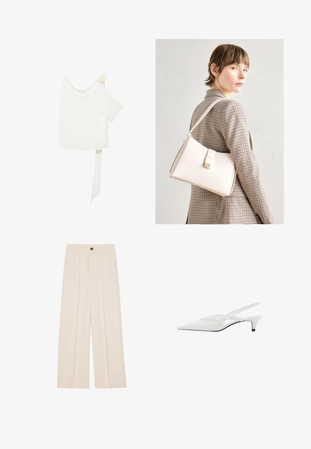 Bijela bluzica s dizajnom jednog ramena, koja s jedne strane ima cvjetni detalj i dugu, vezanu traku u struku. Glatka tekstura.; Hlače visoka struka, širokih nogavica od kremaste tkanine, s dva bočna džepa, jednim prednjim dugmetom i prednjim naborima za dodatne detalje.; Bijela slingback potpetica s oštrom punta, koja ima glatki gornji dio, suptilne izreze i nisku blok potpeticu. Crna potplata naglašava dizajn.; Bijela kožna torba s čvrstim dizajnom, s magnetskim kopčanjem i remenom za rame, prikazana na neutralnoj pozadini.