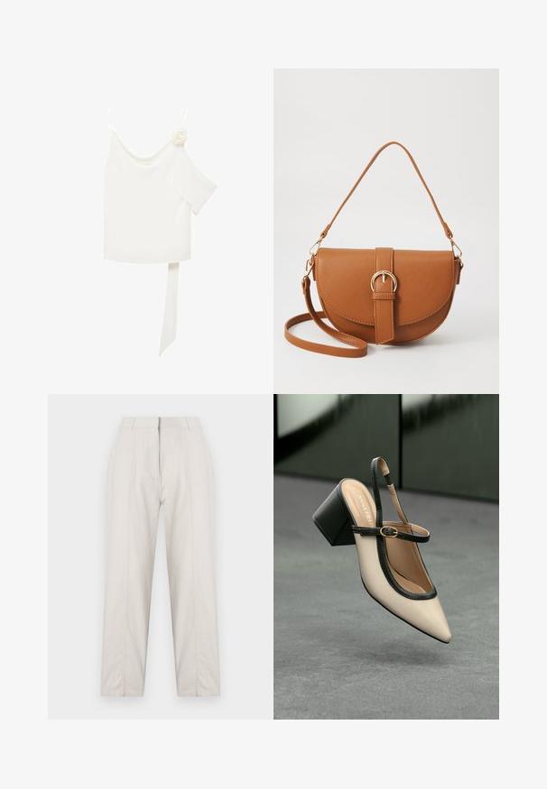 Biela blúzka s jedným ramienkom, na jednej strane s kvetinovým akcentom a dlhým, viazaným panelom v páse. Hladká textura.; Krémové nohavice so strihom rovného nohu, s detailmi predného záhybu, dvoma postrannými vreckami a stredne vysokým pásom.; Béžová lodička so špicatou špičkou, s čiernym lemom, zlatou prackou a robustným blokovým podpätkom na šedom podlahe s tmavozeleným pozadím.; Hnedá kožená kabelka cez telo s zakriveným tvarom, zlatými kovovými doplnkami a akcentom s prackou. Obsahuje odnímateľný ramenný popruh.