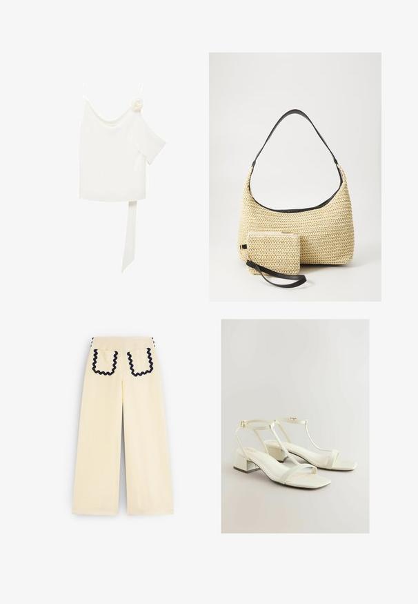 Blouse blanche à une épaule, ornée d'une accent floral d'un côté et d'un long panneau noué à la taille. Texture lisse.; Pantalons jaunes à jambes larges avec une finition texturée. Présente un passepoil en rickrack marin contrastant sur les bords des poches et les coutures latérales.; Sandales à talons carrés en cuir blanc avec un design à lanières en T, bout carré et détail de talon texturé avec une finition lisse. Accents en métal doré.; Sac à main en paille tissée avec une silhouette courbée, doté d'une bandoulière en cuir noir lisse et d'une petite pochette assortie attachée par une sangle pour le poignet.