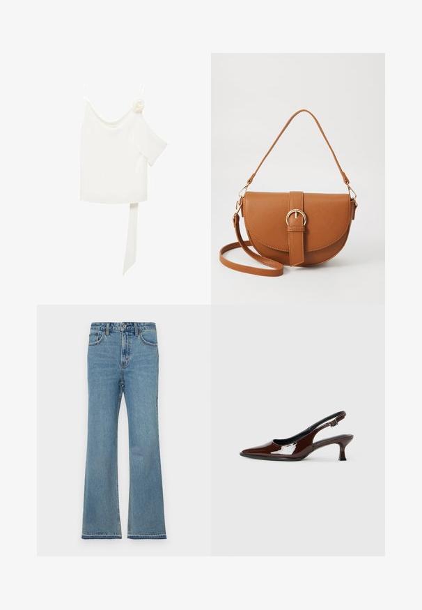 Blusa bianca con un design a spalla unica, caratterizzata da un'accento floreale su un lato e un lungo pannello legato in vita. Texture liscia.; Jeans flare in denim azzurro chiaro con vita alta, design a cinque tasche, lieve scoloritura e dettagli cuciti lungo le cuciture.; Scarpa slingback in pelle verniciata marrone con punta affusolata e tacco moderato. Presenta una fascia con fibbia per una calzata sicura. Tessuto liscio.; Borsa a tracolla in pelle marrone con forma curvata, hardware dorato e un dettaglio con fibbia. Presenta una tracolla rimovibile.