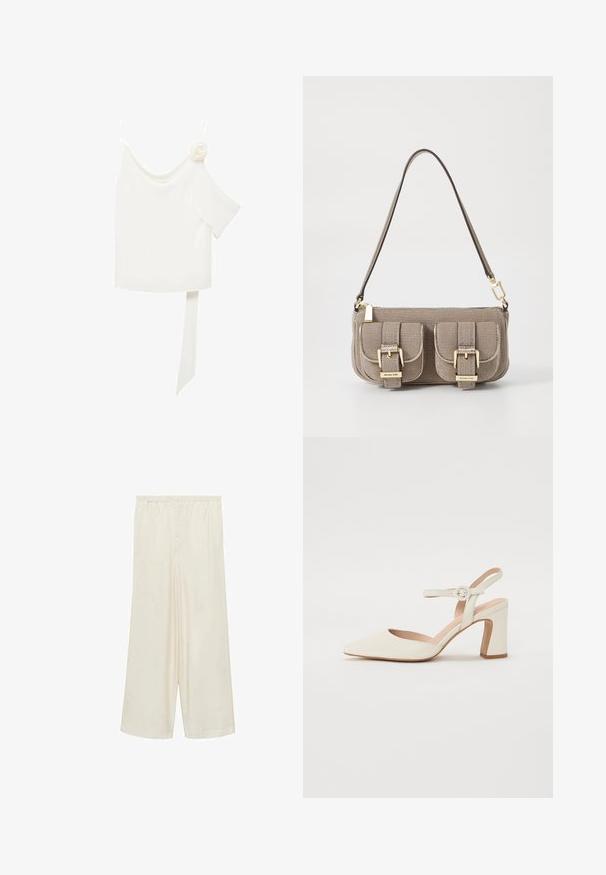 Bluză albă cu un design pe un umăr, având un accent floral pe o parte și un panou lung, legat în talie. Textură netedă.; Pantaloni largi crem, cu talie elastică și țesătură moale și fină. Dispune de un design plisat și o formă largă și fluidă.; Pantof cu vârful ascuțit, de culoare crem, cu toc pătrat. Dispune de o curea subțire la glezna cu o cataramă rotundă și o textură netedă a pielii.; Geantă bej texturată, cu curea ajustabilă, două buzunare frontale asigurate cu catarame și accente din metal aurit. Închidere cu fermoar în partea de sus.