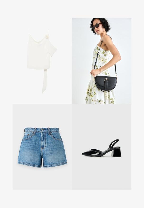 Bela bluza z enostranskim dizajnom, ki ima cvetni poudarek na eni strani in dolg, zavezan panel v pasu. Gladka tekstura.; Denim kratke hlače v svetlo modri pranju, z visokim pasom, tradicionalnim petim žepom in kontrastnim šivanjem za podrobno teksturo.; Črne lakirane slingback pete s koničastim nosom in geometrijsko blokasto peto. Imajo eleganten, minimalističen dizajn in gladko teksturo.; Črna usnjena torbica s ukrivljeno obliko, z odstranljivo naramnico in zlatimi dodatki. Torbica ima pokrov s podrobnostmi v obliki zaponke.