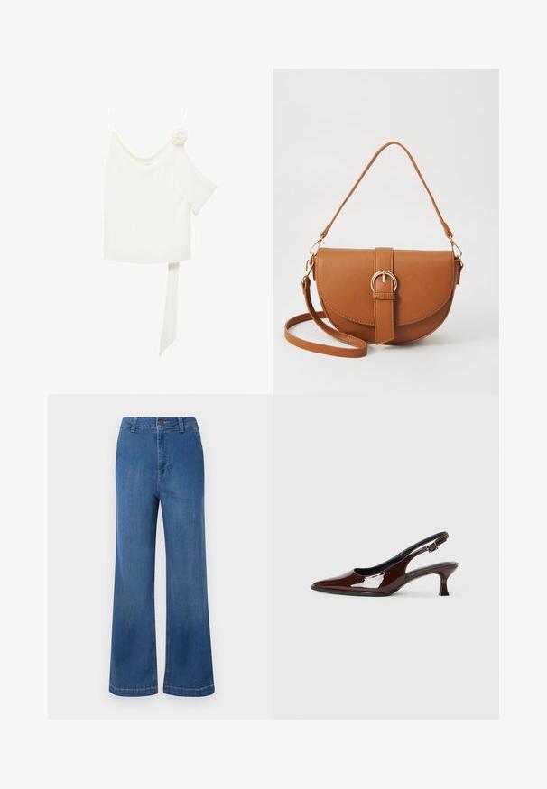 Bela bluza z enostranskim dizajnom, ki ima cvetni poudarek na eni strani in dolg, zavezan panel v pasu. Gladka tekstura.; Široke modre kavbojke z visokim pasom, ki imajo gumb zapiranje, pet žepov in bled pomen.; Rjavi lakirani slingback čevelj z ostro konico in zmerno peto. Ima zaponko za varno prileganje. Gladka tekstura.; Rjava usnjena torbica prek telesa s ukrivljeno obliko, zlate opreme in sponko. Ima odstranljiv naramni trak.