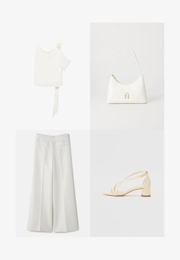 Bela bluza z enostranskim dizajnom, ki ima cvetni poudarek na eni strani in dolg, zavezan panel v pasu. Gladka tekstura.; sandro PANTALON - Hlače - ecru; Beige sandale s peto na blok, z zapletenim dizajnom in prilagodljivim gležnjenjcem, izdelane iz gladkega sintetičnega materiala z mat površino.; Bela torbica z ukrivljeno obliko in gladko teksturo. Ima poudarjen zlati logotip in zadrgo. Nastavljiv ramenski trak.