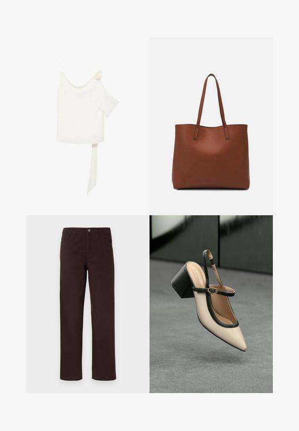 White blouse with a one-shoulder design, featuring a floral accent on one side and a long, tied panel at the waist. Smooth texture.; Brown cotton pants with a straight-leg design, two front pockets, and a button closure at the waistband. Smooth texture with no visible patterns.; Beige pointed-toe slingback shoe with black trim, gold buckle, and a chunky block heel on gray floor with dark green background.; Brown leather tote bag with a smooth texture, open top design, and two shoulder straps. Features minimal stitching and no visible hardware.
