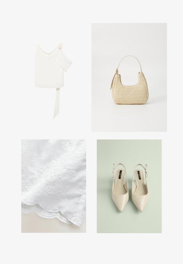 White blouse with a one-shoulder design, featuring a floral accent on one side and a long, tied panel at the waist. Smooth texture.; White fabric with floral embroidery, featuring scalloped edges. The texture is smooth with a slight sheen. Intricate detailing on the design.; Beige pointed-toe slingback shoes with a smooth texture, featuring a bow accent on the heel and a sleek, minimalist design.; Woven straw handbag in beige with a curved shape, a short handle, and a side zipper. Features textured surface and minimalistic design.