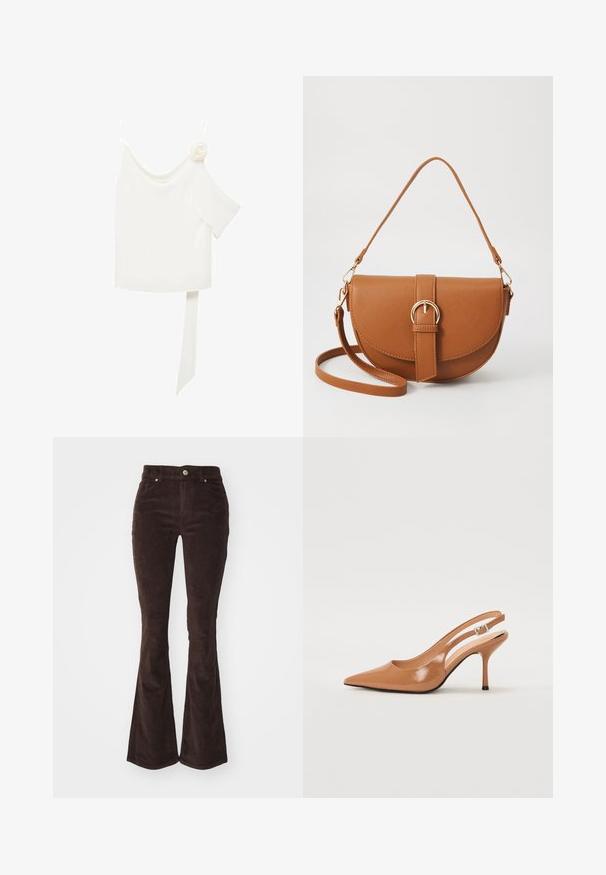 Vit blus med en axel design, som har en blomsterdetalj på ena sidan och en lång, knuten panel vid midjan. Slät textur.; Vero Moda VMFLASH FLARED PANTS - Tygbyxor - chocolate torte; Tåspets slingback-häl i ett slätt, glansigt brunt material. Har en kurvad utskärning och en smal stilettklack. Silverdetalj med spänne.; Brun läder crossbody-väska med en böjd form, gyllene detaljer och en spänneaccent. Har en avtagbar axelrem.