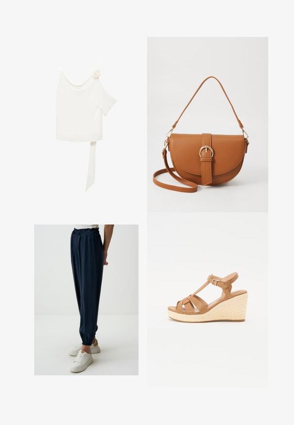 Weißes Blusenshirt mit einem schulterfreien Design, versehen mit einem floralen Akzent auf einer Seite und einem langen, gebundenen Paneel an der Taille. Glatte Textur.; Navyblaue, dehnbare Gewebehosen mit elastischem Bund und gerafften Bündchen. Kombiniert mit weißen Sneakers und einem schlichten Oberteil.; Braune Keil-Sandalen mit einem Kreuzriemen-Design, verstellbarem Knöchelriemen und einer strukturierten, gewebten Espadrille-ähnlichen Keilsohle.; Braune Leder-Crossbody-Tasche mit geschwungener Form, goldfarbenen Beschlägen und einer Schnallenakzentuierung. Verfügt über einen abnehmbaren Schultergurt.