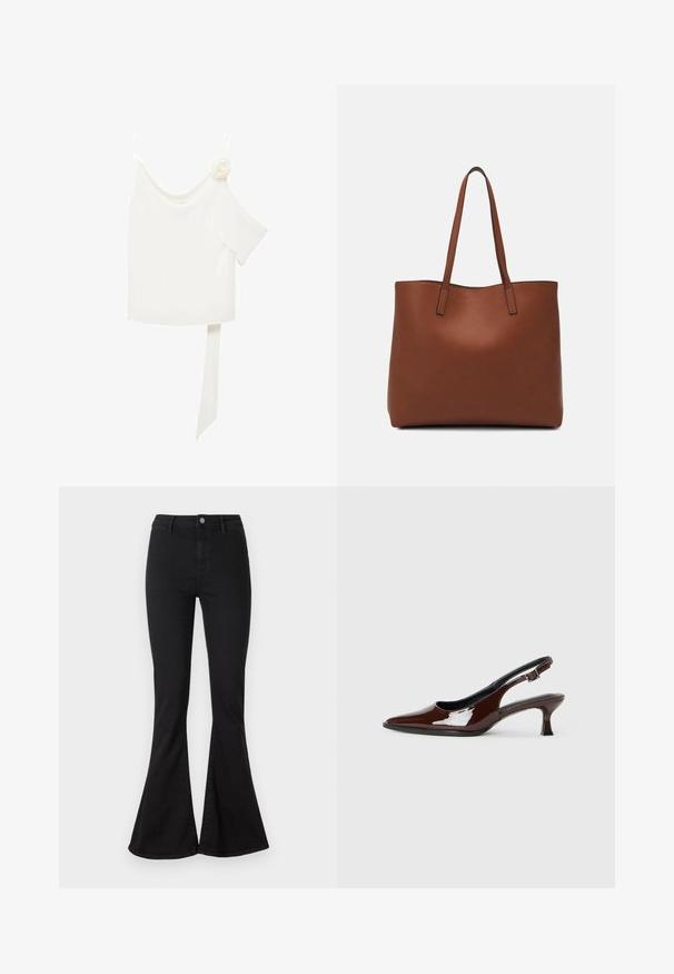White blouse with a one-shoulder design, featuring a floral accent on one side and a long, tied panel at the waist. Smooth texture.; Black flared jeans made of denim with a fitted waist, zipper and button closure, and pronounced flare at the ankle.; Brown patent leather slingback shoe with a pointed toe and a moderate heel. Features a buckle strap for secure fit. Smooth texture.; Brown leather tote bag with a smooth texture, open top design, and two shoulder straps. Features minimal stitching and no visible hardware.